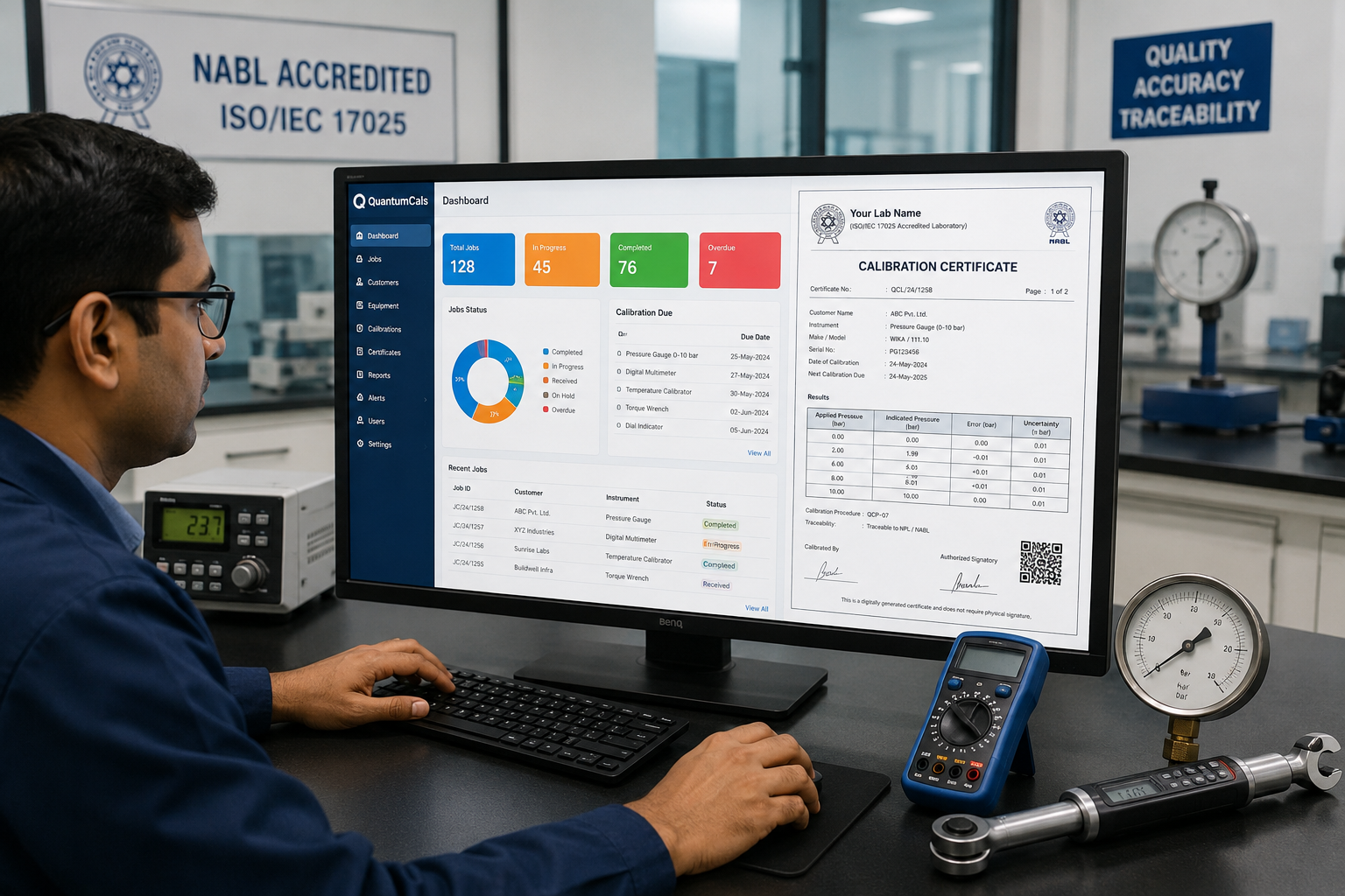 Calibration software dashboard showing certificate generation and equipment tracking for accredited labs