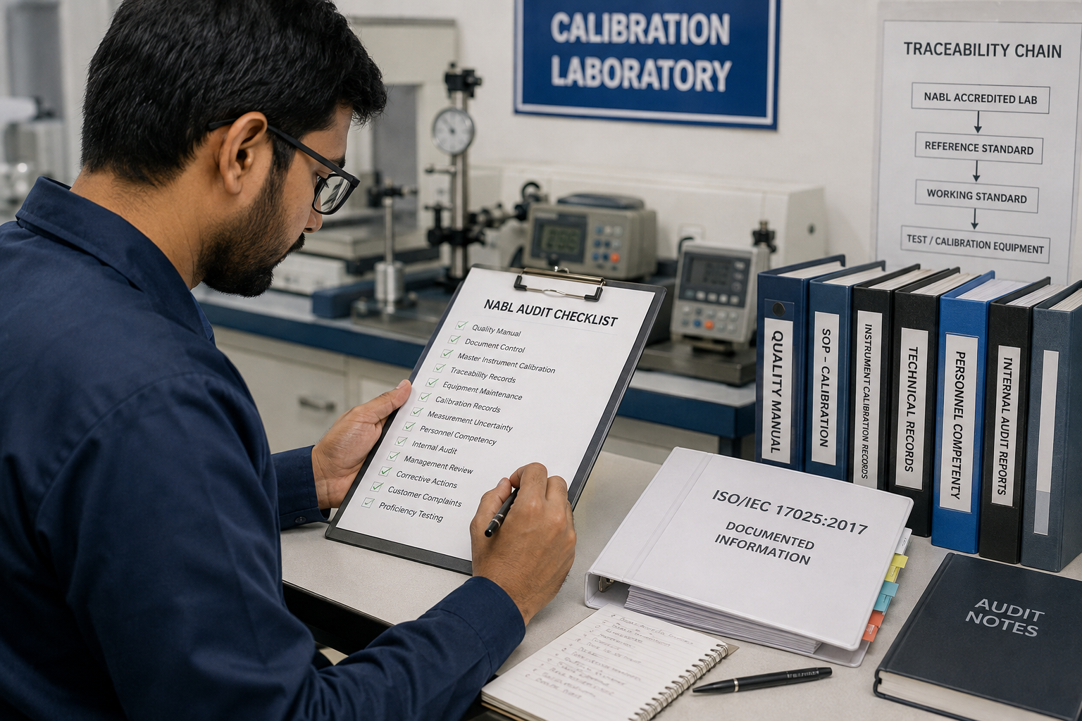 Calibration lab technician reviewing NABL audit checklist and documentation before inspection