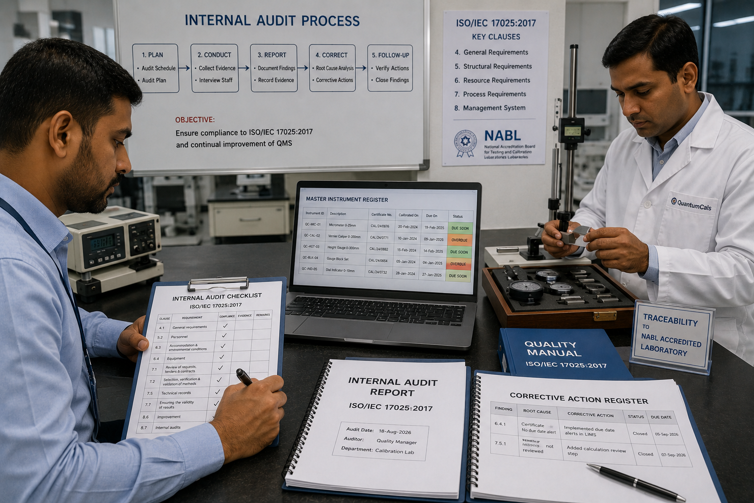 Quality manager conducting ISO 17025 internal audit in calibration laboratory with checklist
