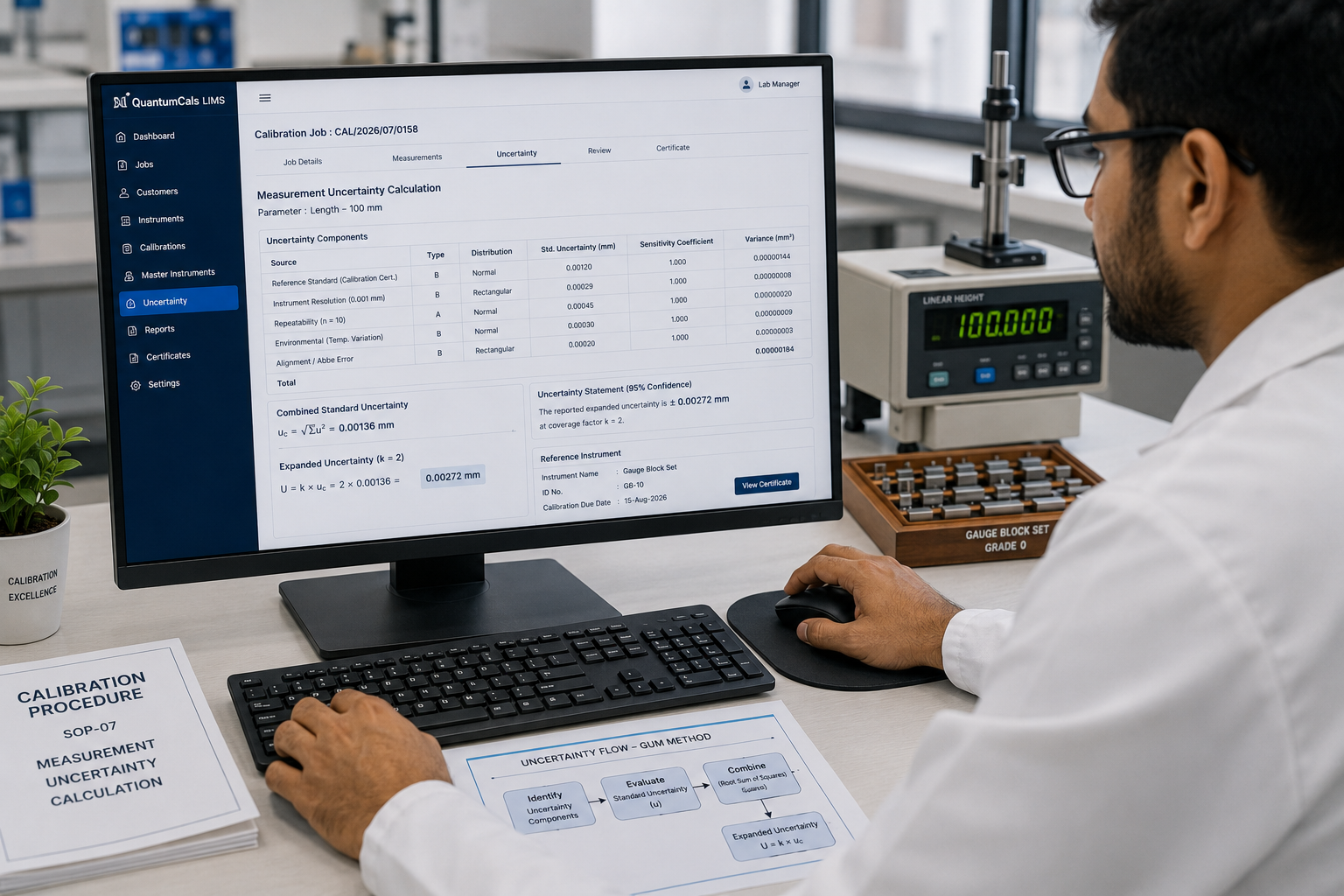 Calibration technician calculating measurement uncertainty using LIMS software for ISO 17025 compliance