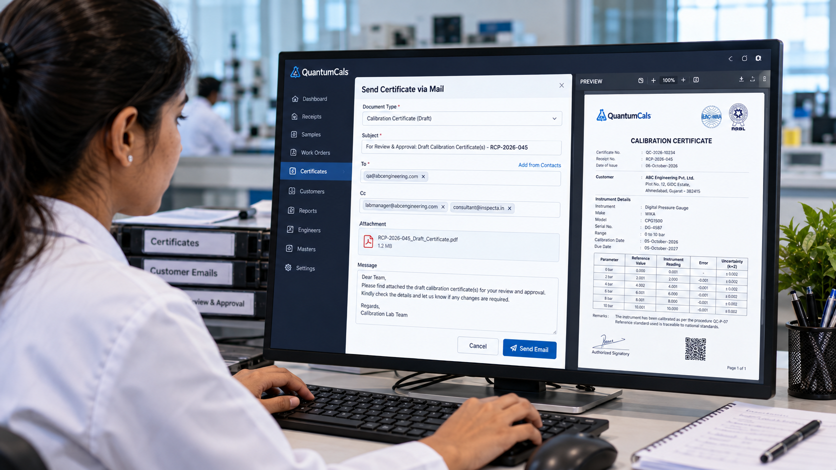 Email dialog sending a calibration certificate PDF for review and approval