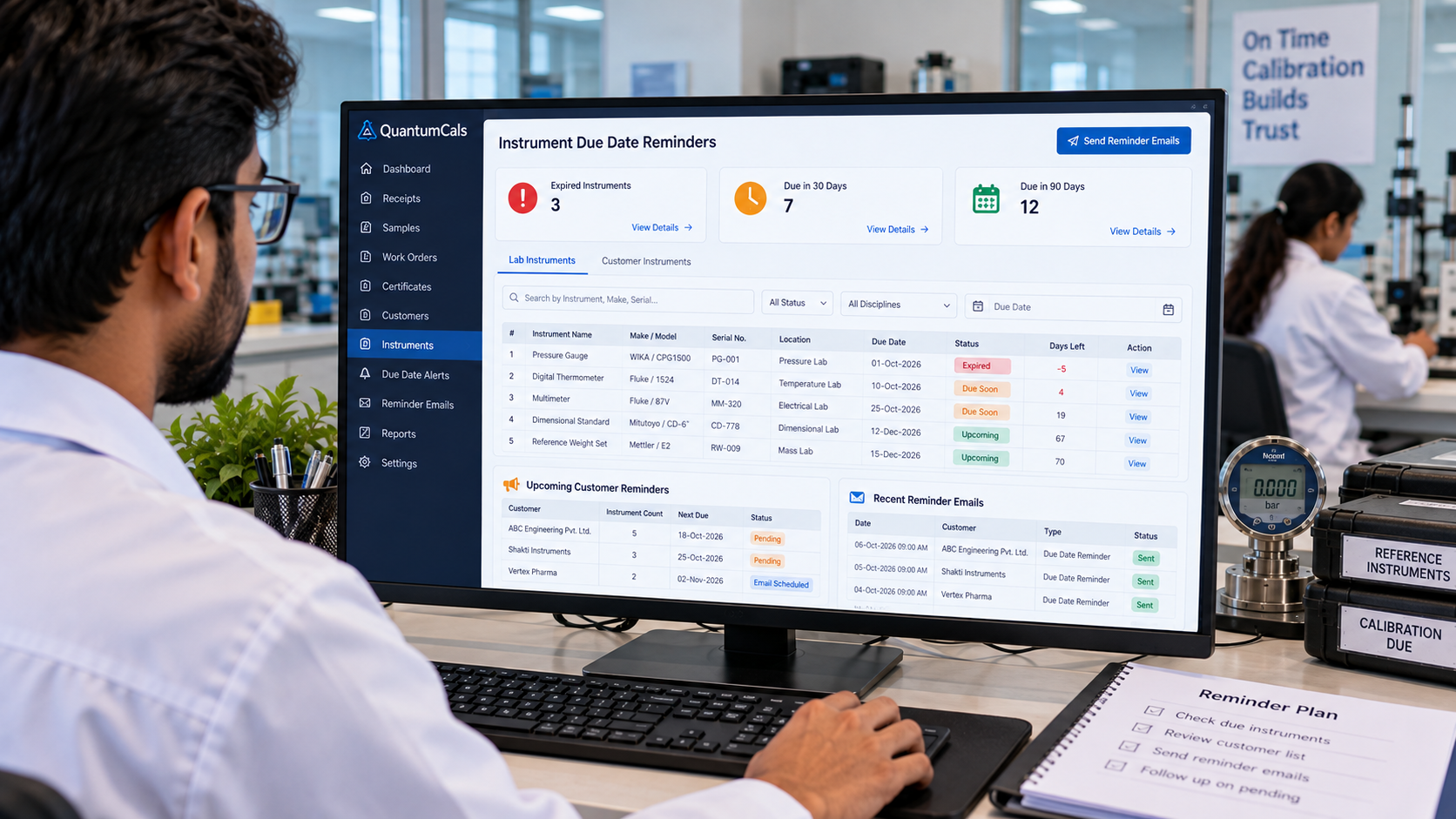 Calibration due-date reminder alerts for instruments and customers