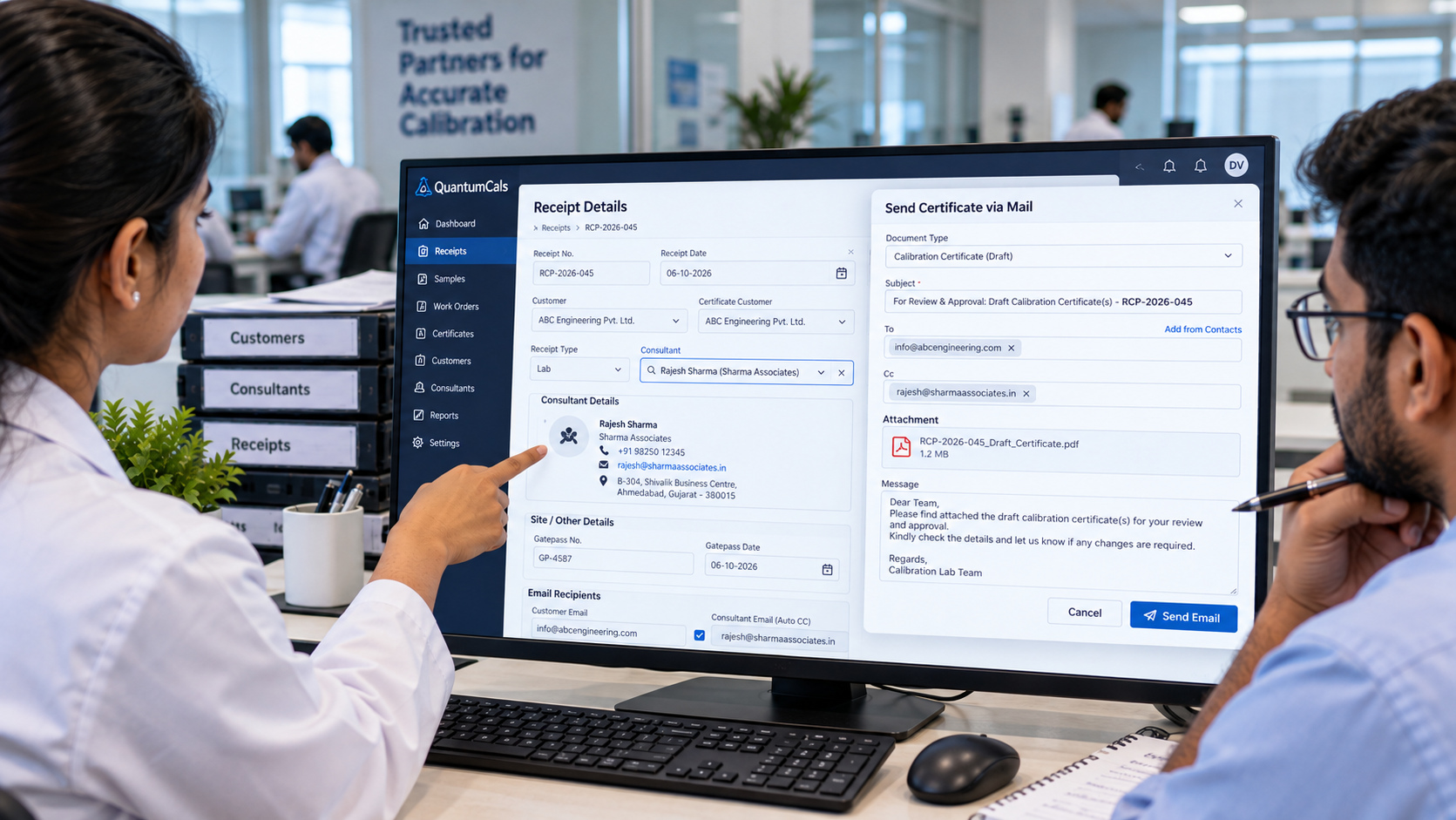Consultant linked to a calibration receipt with automatic email CC in a lab LIMS
