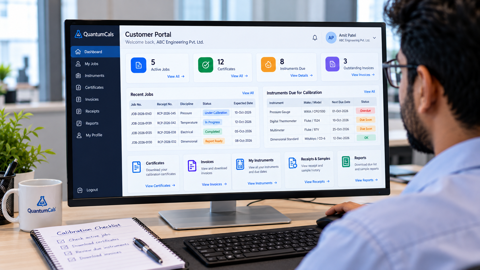 Customer portal dashboard showing jobs, certificates, instruments and invoices for a calibration lab client