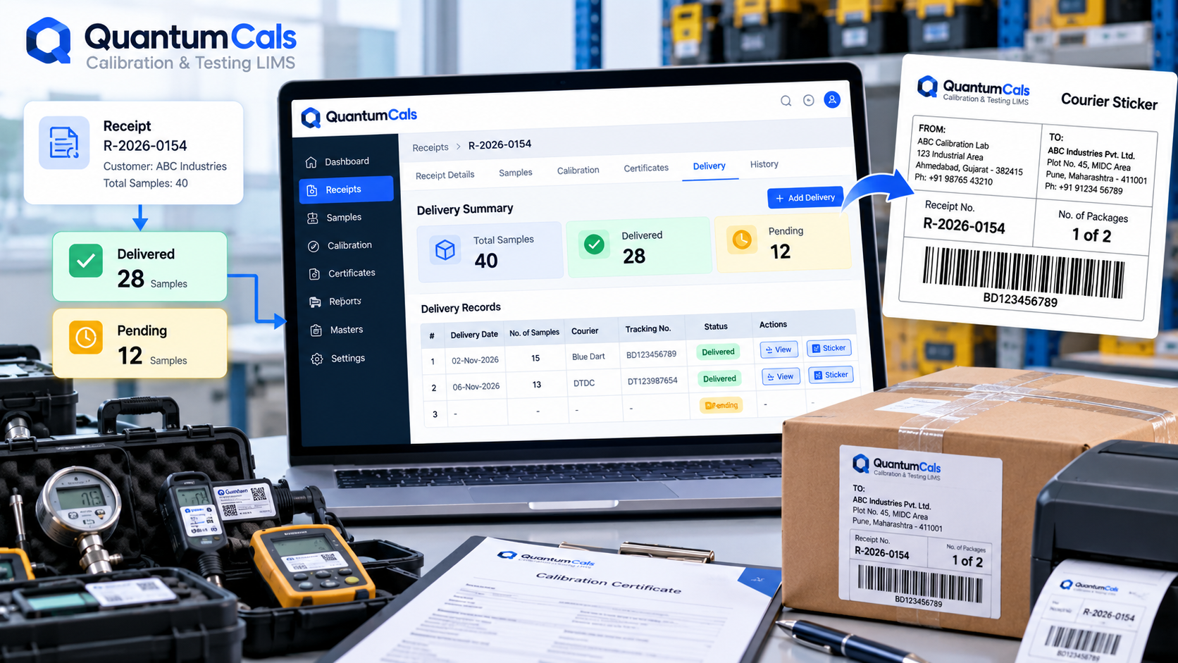 Delivery tracking screen showing delivered and pending samples with a courier sticker for a calibration lab