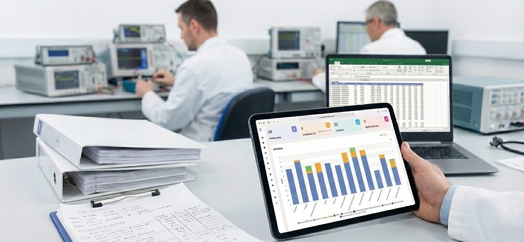 Split screen showing messy spreadsheet lab vs clean LIMS tablet lab